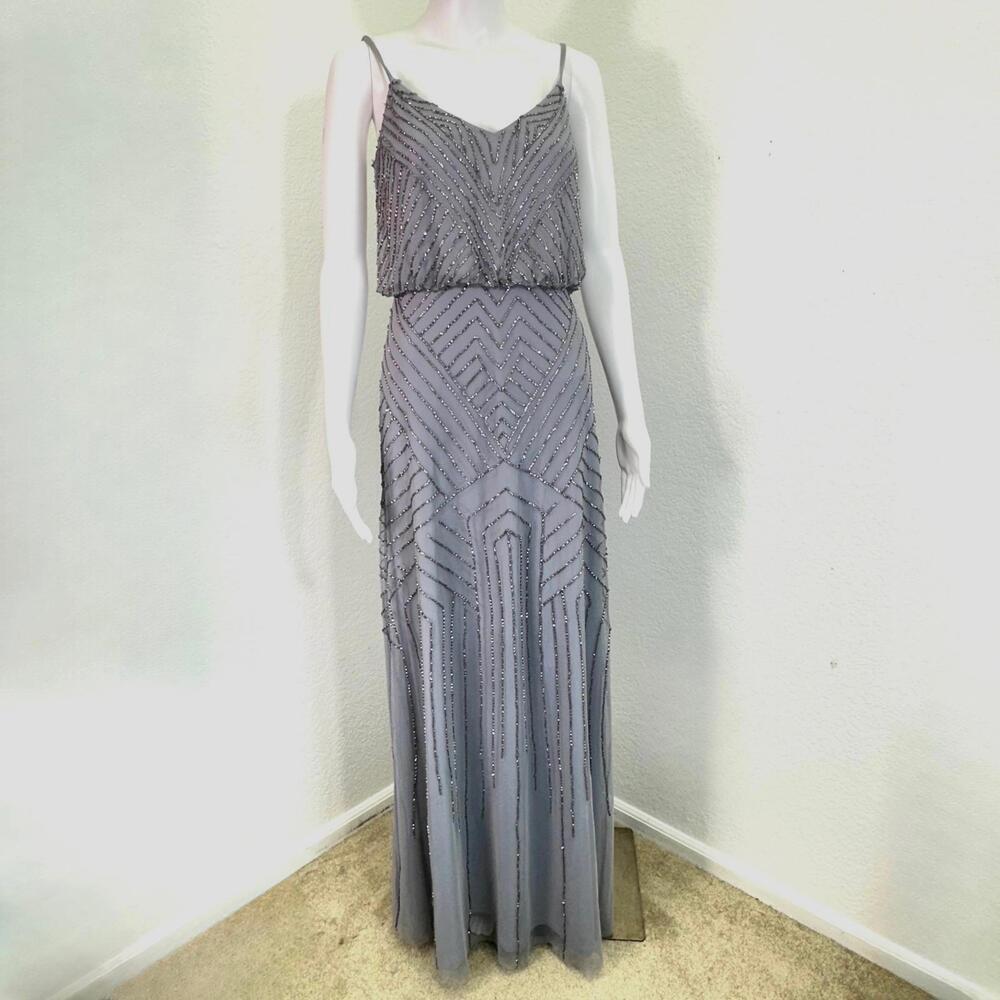 Adrianna Papell Sz 8 Art Deco Style Beaded Blouson Dress Grey Wedding Formal